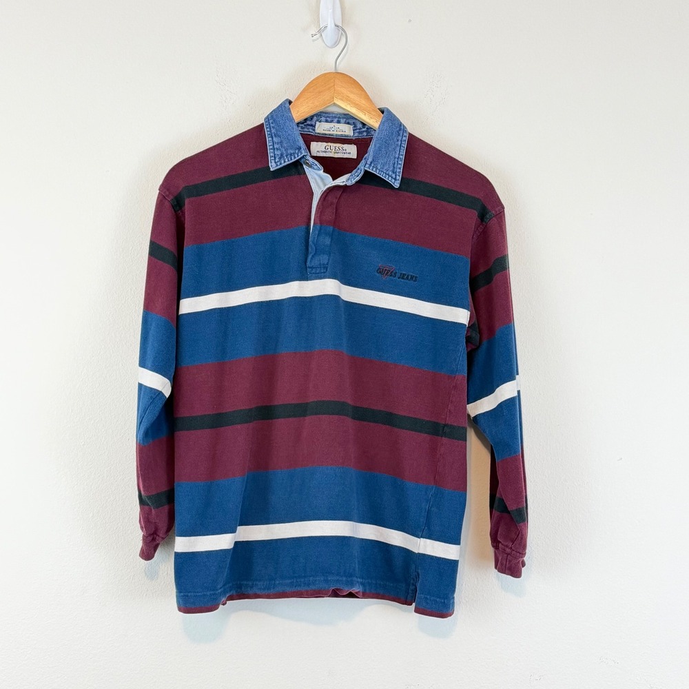 Vintage Guess Jeans Youth Boys Striped Rugby Shirt Denim Collar Large 16-18
